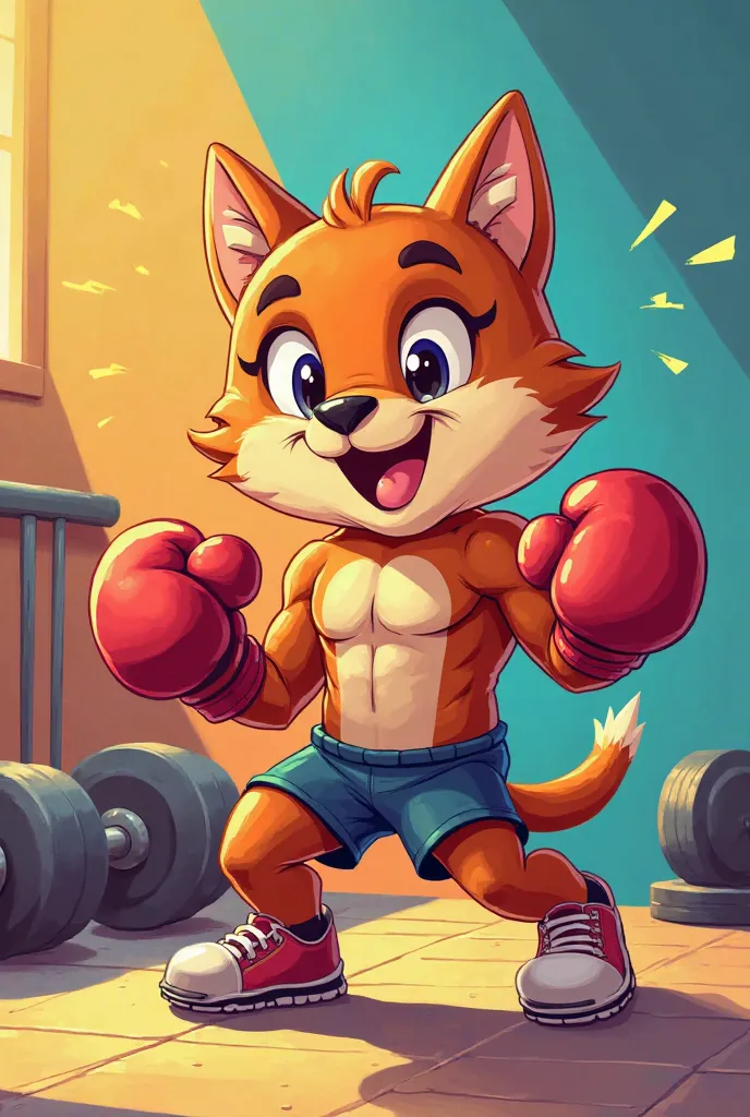 Fitness, cartoon copper character, boxing gloves, dumbbell 