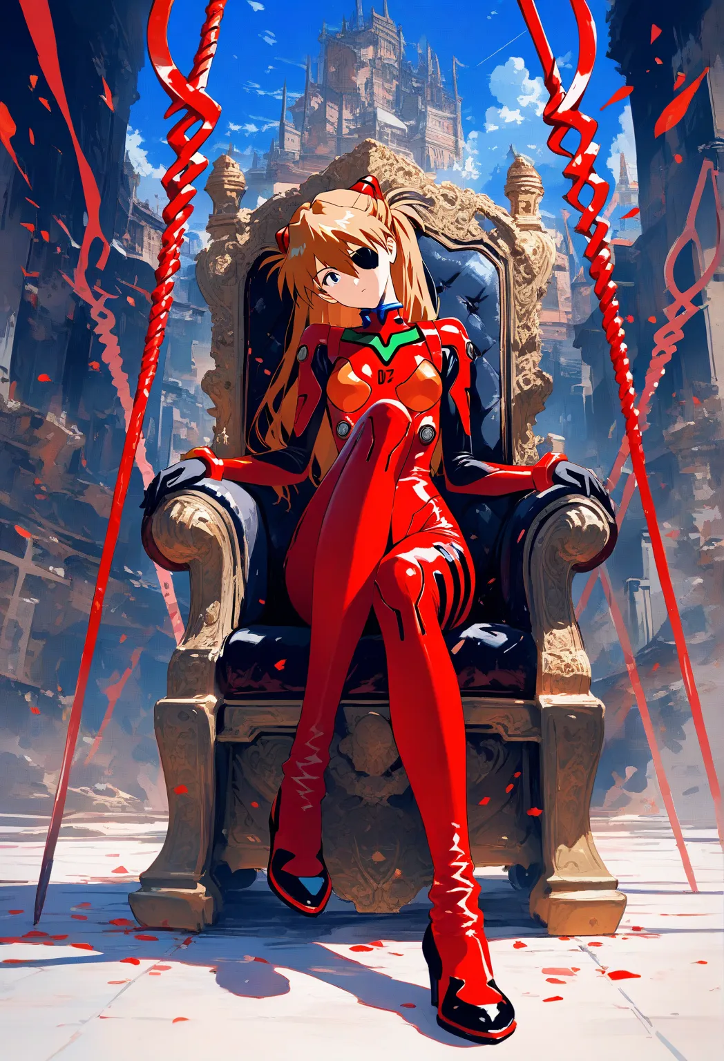 1 girl, Soryu Asuka Langley, neon genesis Evangelion,   Sensitive , Alone, Eye patch,  red plug suit, Sitting on the throne,  cross your legs , head tilt, has a weapon, Lance of Longinus \(Evangelion\), cowboy shooting, depth of field,  Fake Traditional Me...