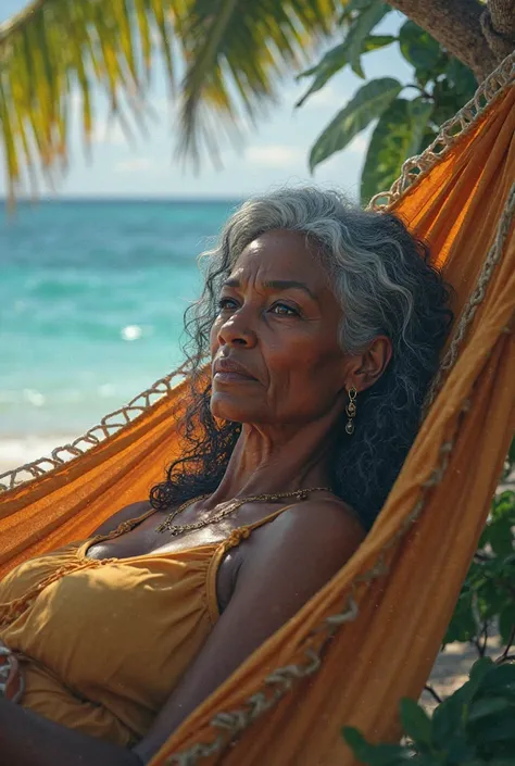 Femme de 65 ans  de couleur noire cheveux long grisonnants devant visage oval se relaxant dans un hamac au bord de la mer en Martinique 