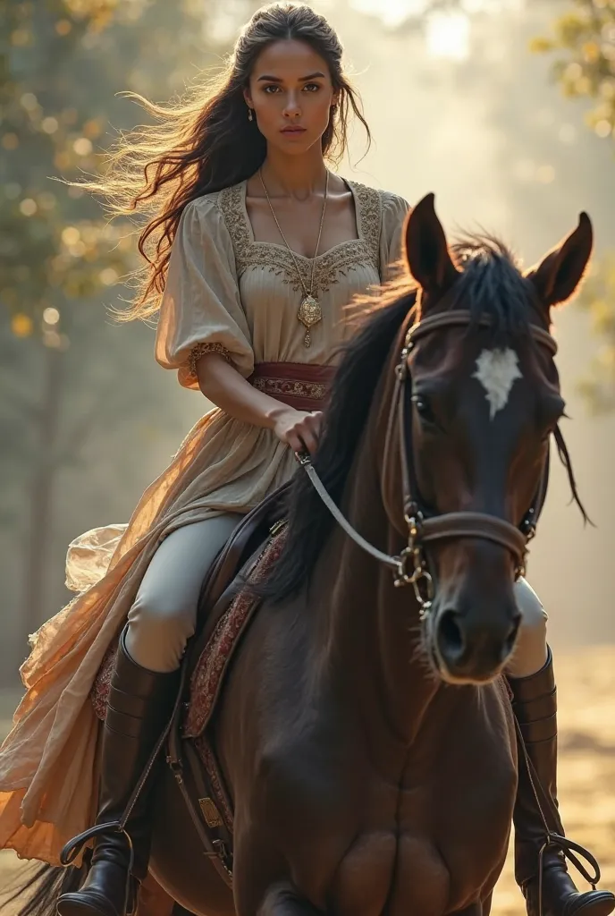 a 28-year-old woman riding a horse, the image is made in a realistic style, with special attention to textures and reflections. The background is blurred