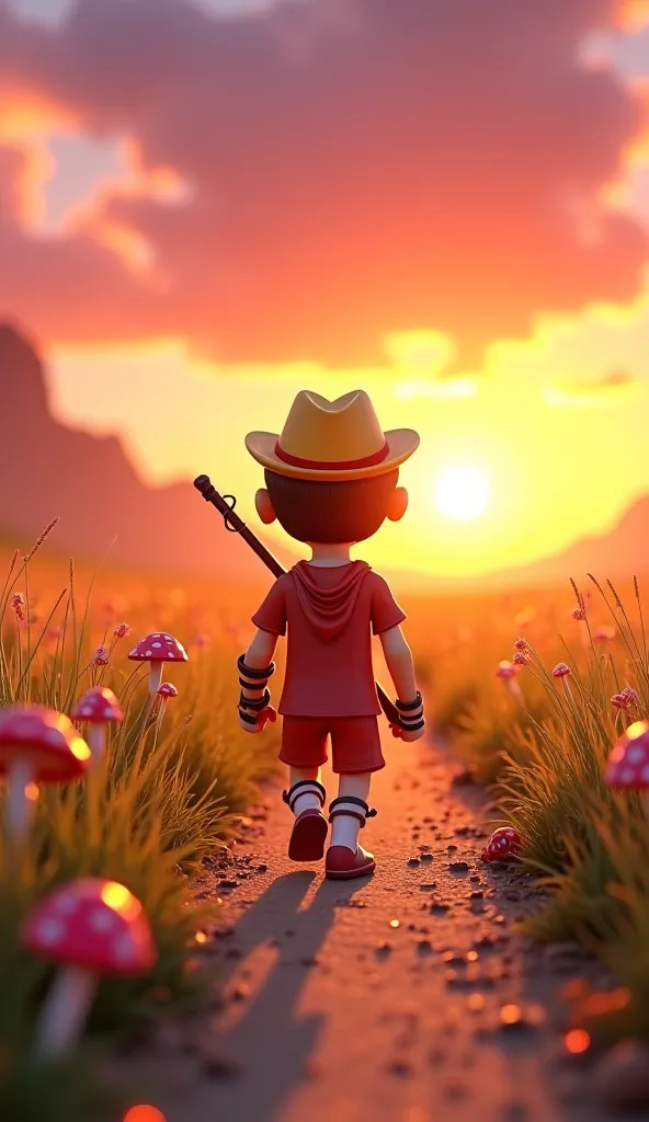 "A serene and visually stunning 3D scene, showing Teemo, the Speed Boy Scout, walking calmly down a dirt road amidst an open field during sunset. He is wearing his iconic costume, carrying his blowpipe on his back and with a calm and contented expression, ...