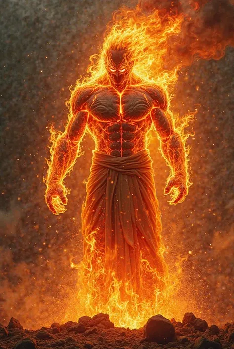 A fiery god with a body made of living flames and molten lava. His form is constantly shifting, with fire and magma flowing around his body. His eyes burn like the core of a volcano, and his presence is overwhelming, emitting heat and destruction. His desi...