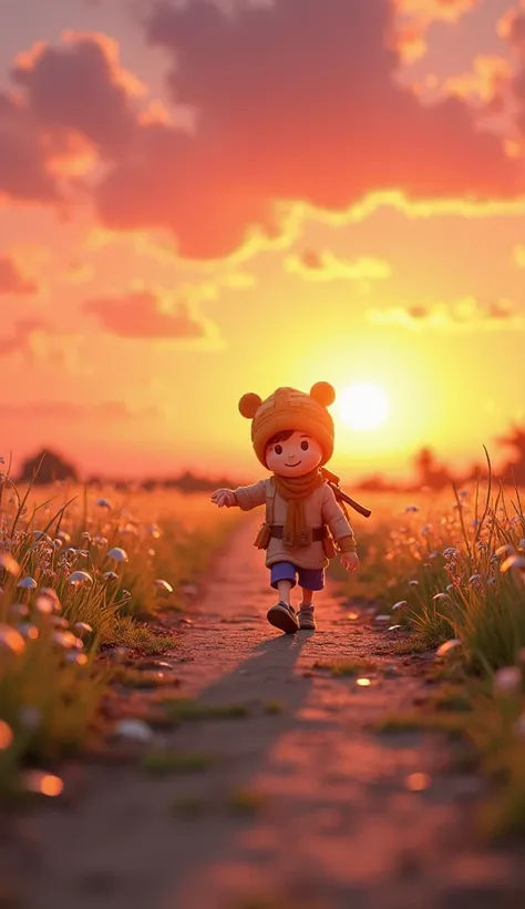 "A serene and visually stunning 3D scene, showing Teemo, the Speed Boy Scout, walking calmly down a dirt road amidst an open field during sunset. He is wearing his iconic costume, carrying his blowpipe on his back and with a calm and contented expression, ...