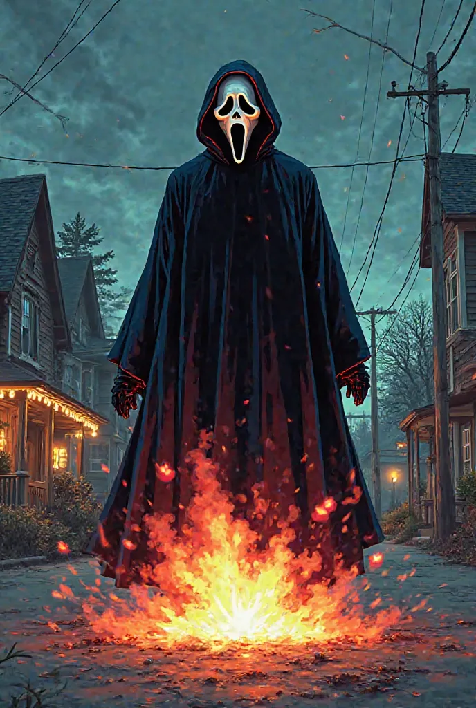 Ghostface from the horror movie scream cartoon flash bang blows up near Ghostface feet background small town animation