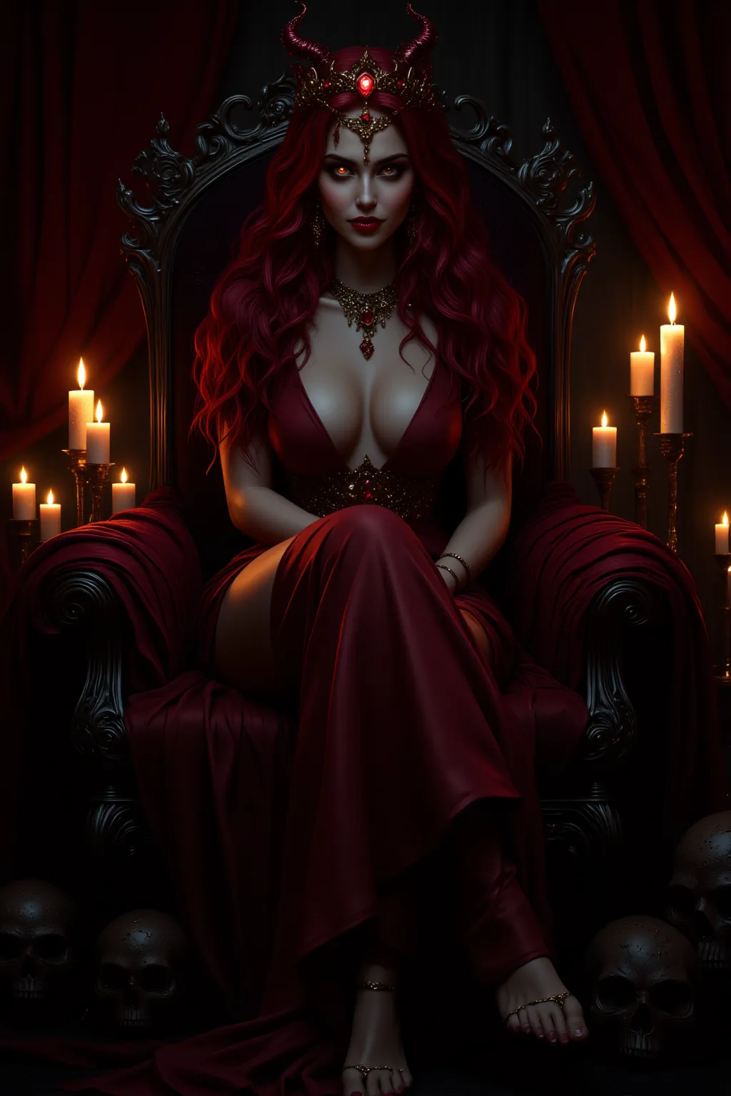 A regal demoness with long, flowing red hair lounges on a velvet throne in a lavish pleasure chamber. Her glowing golden or crimson eyes are half-lidded with amusement, full lips curved into a smirk. She wears intricate gold jewelry that contrasts against ...