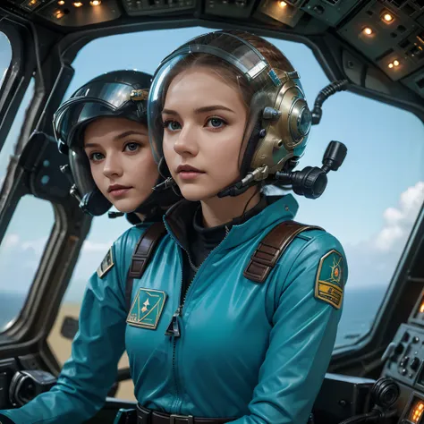 Kasia,  Polish woman, 23 years old slim, brown eyes, long hair, blonde, fighter pilot, Teal coloured uniform, no long blonde hair, brown eyes, science fiction, in the cockpit of a battle starfighter, pilot suit, an exoculate, helmet, ready for battle, Fant...