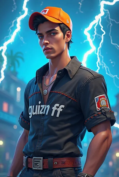 Game Free Fire style male character with orange back cap with black blouse written "GUIZIN FF" with Blue background with lightning