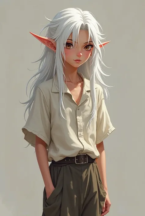 Well first of all, I want a white-haired elf ( long messy hair),  with a well-defined body , he has an average height (1,84), he has a dark brown eye, his left eye he keeps closed and in this left eye he has as if they were some purple veins, he wears very...