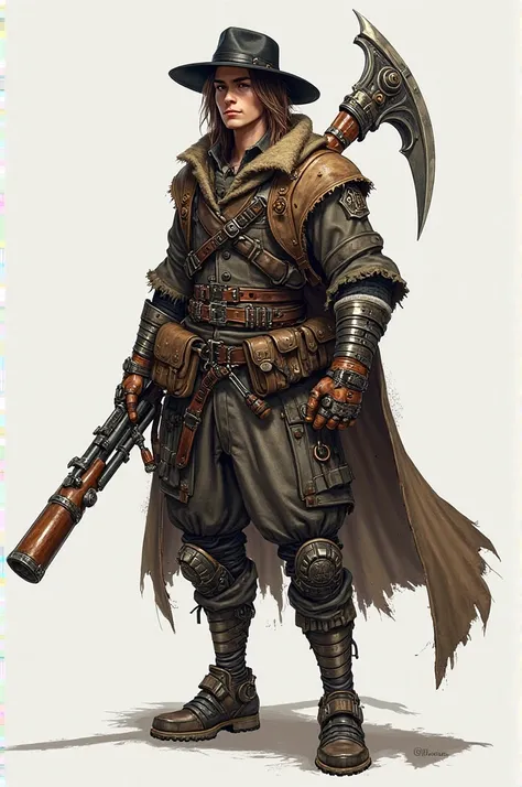  Create an RPG character , medium and thin, brown hair with white tips. He wears a brunéa as armor and wears a halberd on his back, a hoop and a colored shotgun that throws bubbles.  He has one of his mechanical legs and wears a black hat, with a revolver ...