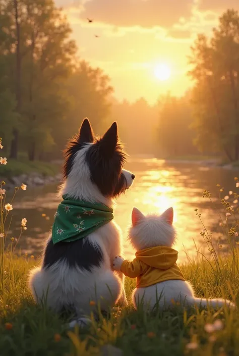 The sun rises fully, casting golden light over the peaceful meadow. The black-and-white dog and the fluffy white kitten sit side by side, watching the river shimmer under the morning sky. The small white kitten with fluffy fur and a yellow raincoat leans a...