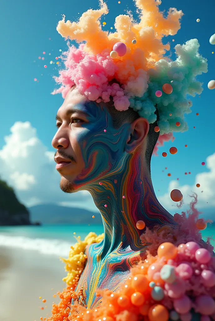 Front view representation close up full body of Metamorphosis through swirling gases, bubbles, smokes, fluid, gelatinous liquid fractals, colorful vapour: two creatures of a half-asian man  and half-monster standing on the beach with a colorful bubbles fac...