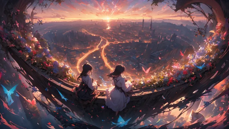 full color、 super realistic 、Precise and Delicate Texture、Precise and Delicate Brushwork、Precise and Clear Drawing、（A hill overlooking a beautiful shining port city、Park observation deck、Rear view of a girl admiring a charming and majestic landscape、On the...