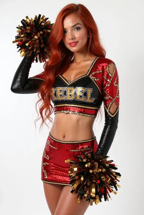 28 year old woman Cristhinaawuiler bellahadi candiceswanaphoel, beautiful shiny Red velvet hair very long with waves, posing with shiny pompoms in gold red and black, He wears a sexy cheerleading uniform, a short top with an X-neck showing a little bust th...