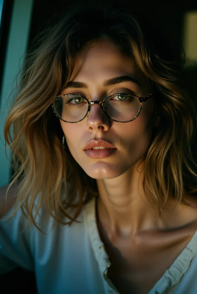 a beautiful 23-year-old woman, light brunette, close-up, girl next door, baggy clothes, makeup, lips, glasses, night, messy hair, film grain, retro, Porta 160 color, shot on ARRI ALEXA 65, sharp focus on subject, Fujifilm XT-3