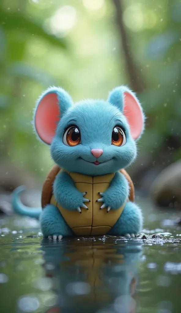  Fantastic　realistic footage　Jungle　river　The face of the Pokémon Squirtle is a cute fuzzy light blue mouse with wide eyes
