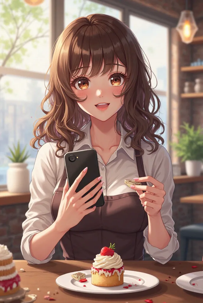 A professional confectioner with brown long curly brown eyes，Busty Anime Woman，The scene is in the dining area by the window in the dessert shop，The action is a dessert on the table，is ready to take a promotional photo with her mobile phone，Clothes can't b...