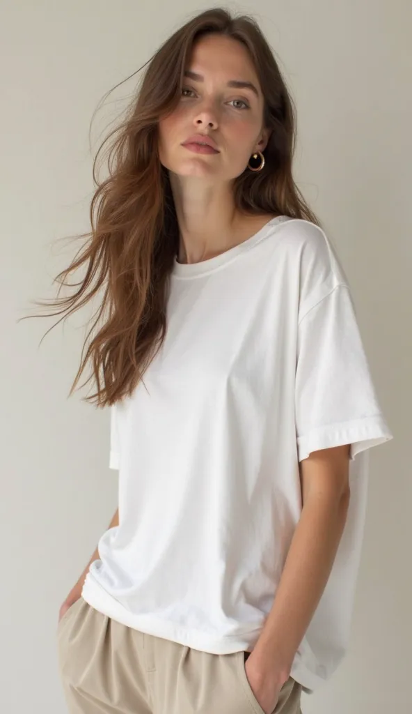 Oversized white t-shirt, simple design, loose fit, model wearing it, long brown hair, neutral background, soft light, casual style, comfortable clothing, clean lines, flowing fabric, high-quality image, studio shot.