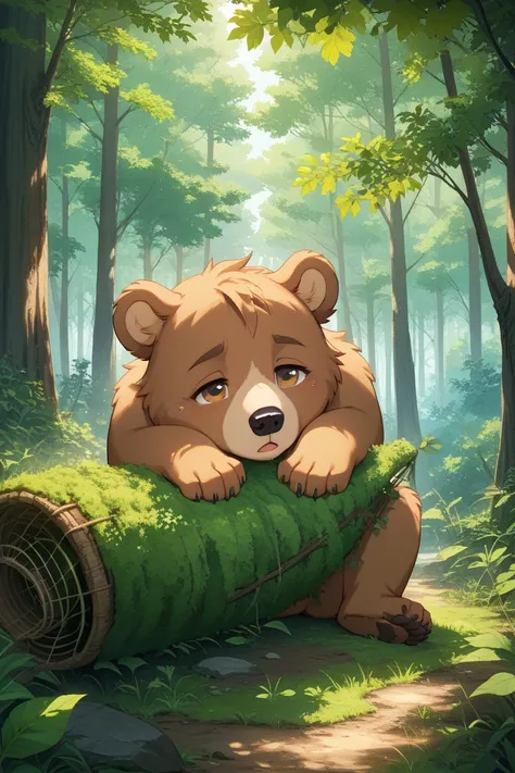 A scene where a cute bear has caught a cold and is falling asleep