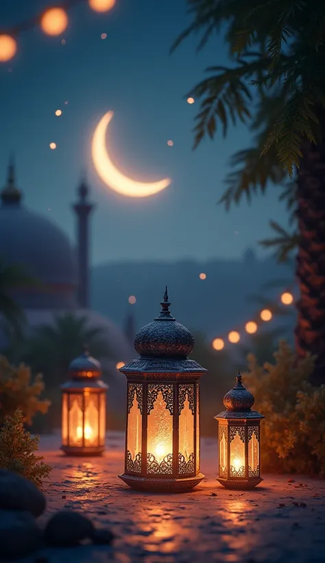 generate Ramadan wallpaper 4k with new moon and lanterns realistic High Resolution, 