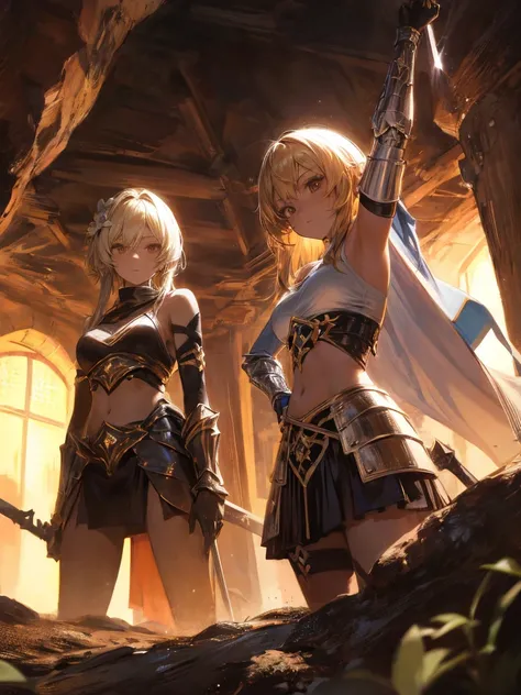 A group of  female knight, (in cave), various hair styles, harem, wearing armored clothes, metal armor, night, details face, , short skirt, seducing, sword, showing armpits, sleeveless, midriff 