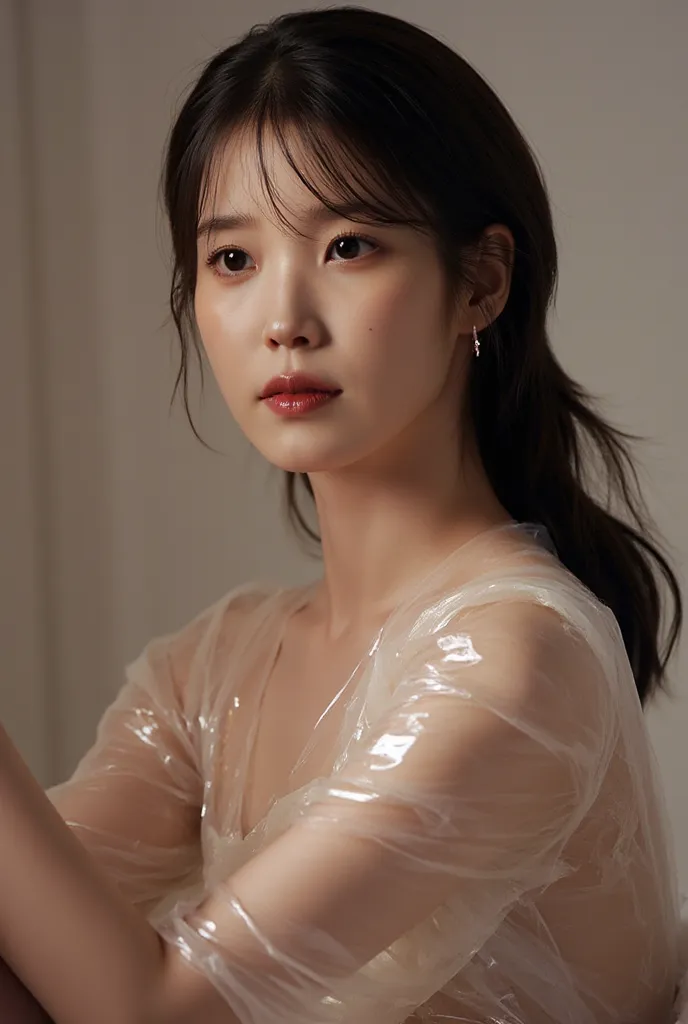 A beautiful pornstar, detailed portrait of IU wearing minimal clear plastic dress , half nude,cinematic lighting, and intricate details, presented in a photorealistic, 8k, masterpiece.Black Hair, Swept Bangs, 