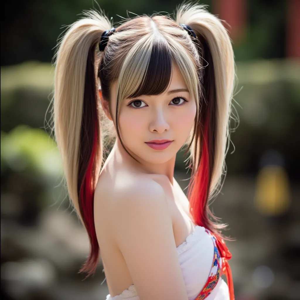 Silky smooth hair、Three hair colors: white blond hair, black hair, and red hair、Flush the bangs、 hairstyle is straight、Long hair up to chest、From a distance、ponytail、Festivals、Dharma