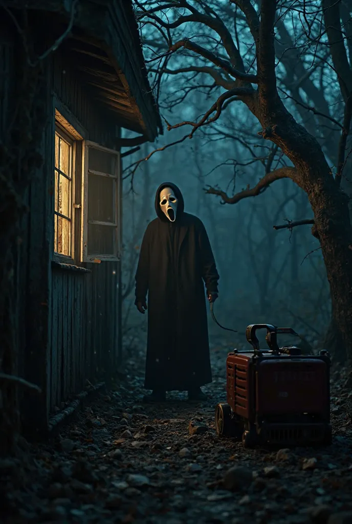 Ghostface from the horror movie scream peeking through the window at a female repairing a generator background spooky trees dark