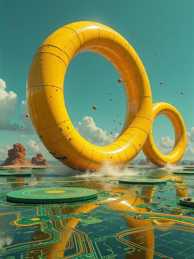 Fragrant spaceship artwork, [3/4 side view], gigantic rings rolling on the plain flat reflective surface, field background with two gigantic and huge golden rings rolling vertically on the field making traces and destroying where they pass, green motherboa...