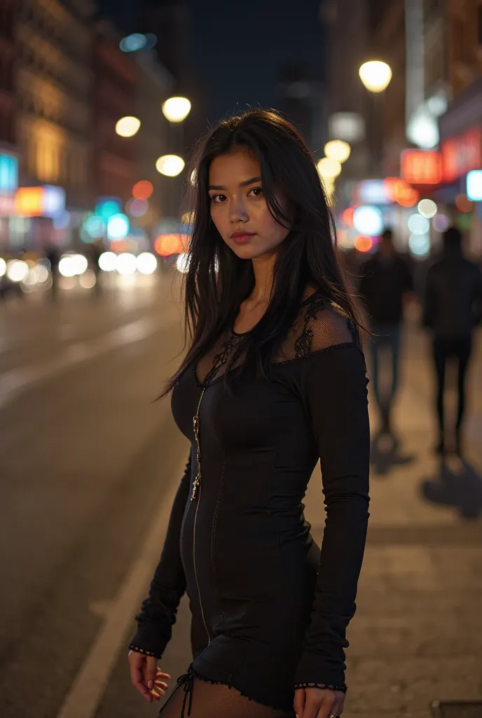 woman on the side,  young face, wearing a black boot, dark tights, a short dress with details on your shoulders, your eyes are light brown and your hair is smooth black, Background of her walking at night in an American city at night
