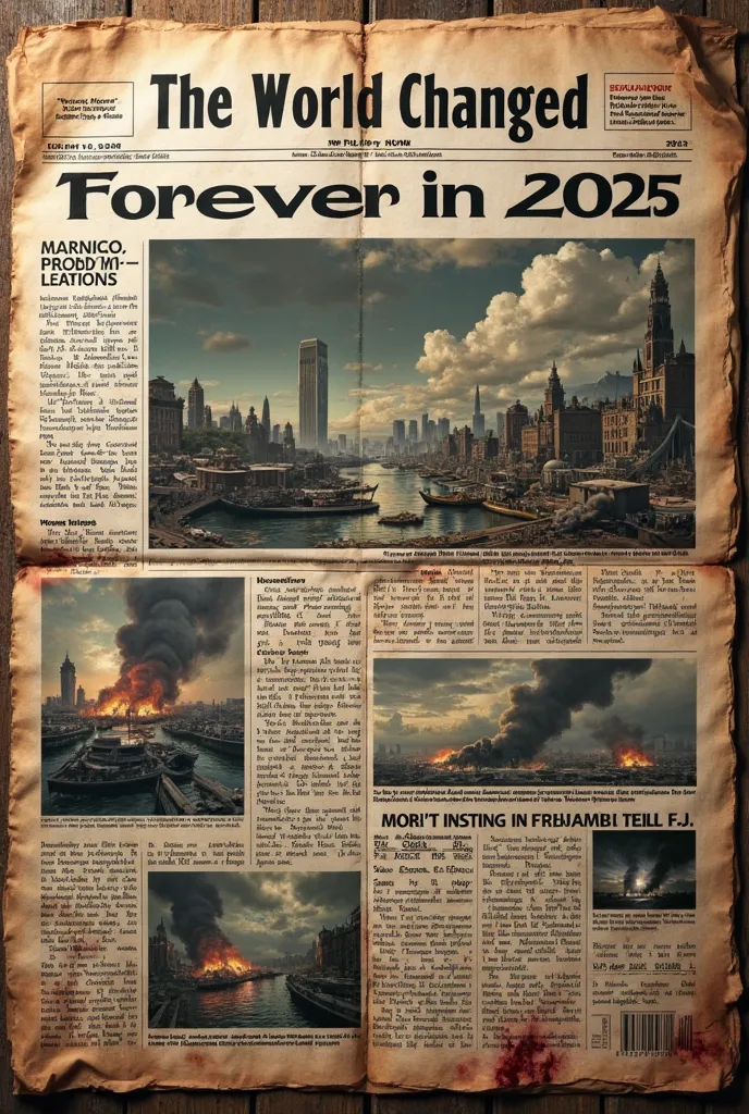 "A newspaper from the future with the headline 'The world changed forever in 2025', accompanied by images of destruction and chaos. The sheet seems aged and bloodstained. realistic style, dramatic lighting."