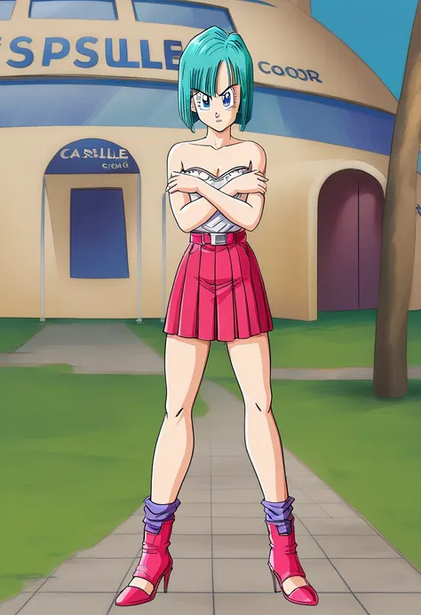  bulma, Saga de los Androides , short hair, aquamarine hair, bob cut style .,  water colored hair , Bangs, blue eyes, attire, de Saga de los Androides  color rosa, pink strapless shirt ,  Pink Pleated Skirt  , bare shoulders, standing in front, serious guy...