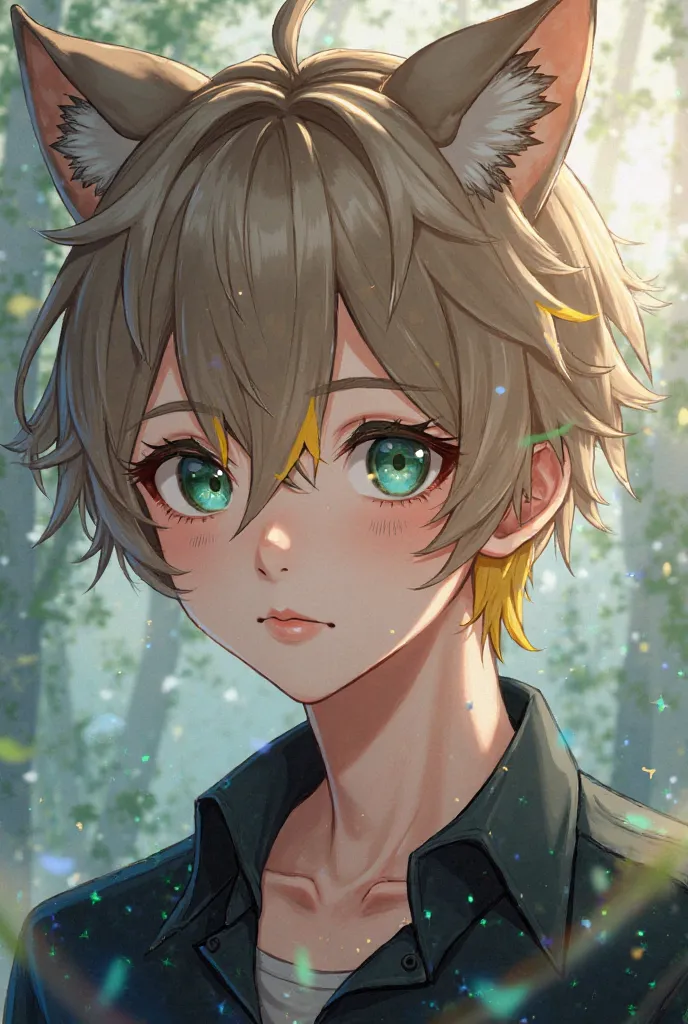 Male boy about  with butterfly bangs split in half and short wolfcut, light brown hair and the part of her neck is blond. With teal eyes and rendered drawing style without animal ears.