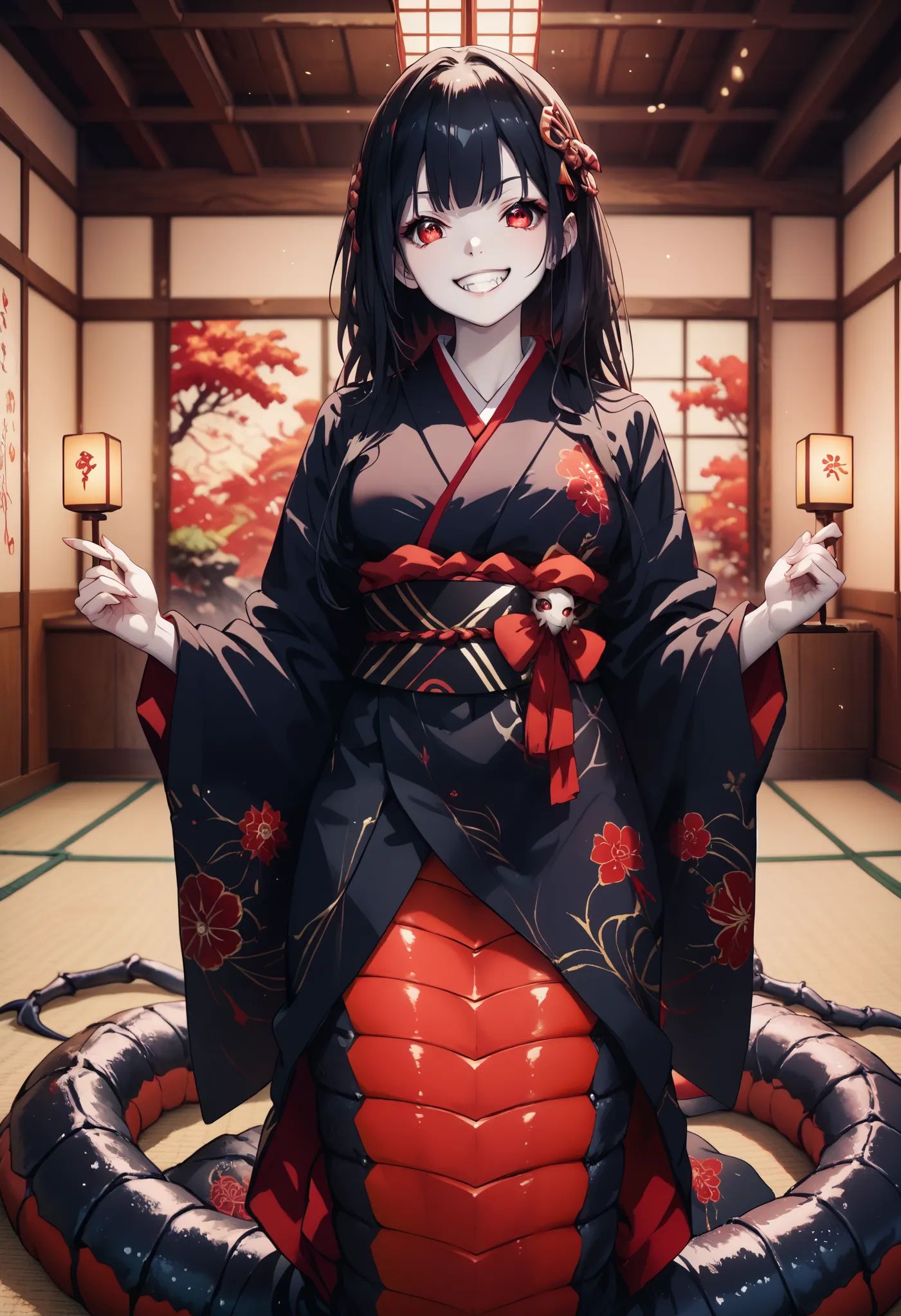 Lamia style girl. Fusion with a centipede. Black centipede body. Red insect legs. Black costume. Japanese kimono dress. Red eyes. Black hair. Straight hair. Neat bangs. Grin. White skin. Japanese house. Indoors.