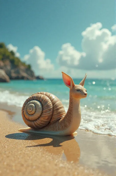 Give me a  the head of a  of about  who is on a beach and whose little body of the  is a snail