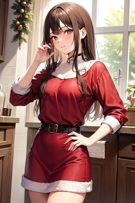 a 18 year old girl, in chirstmas clothes, long brown hair