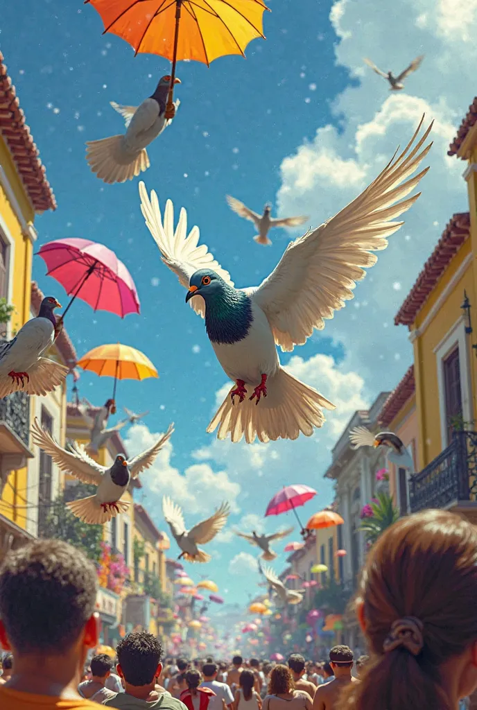 Create a carnival scene in Recife, with crazy and plucked pigeons flying and holding carnival umbrellas