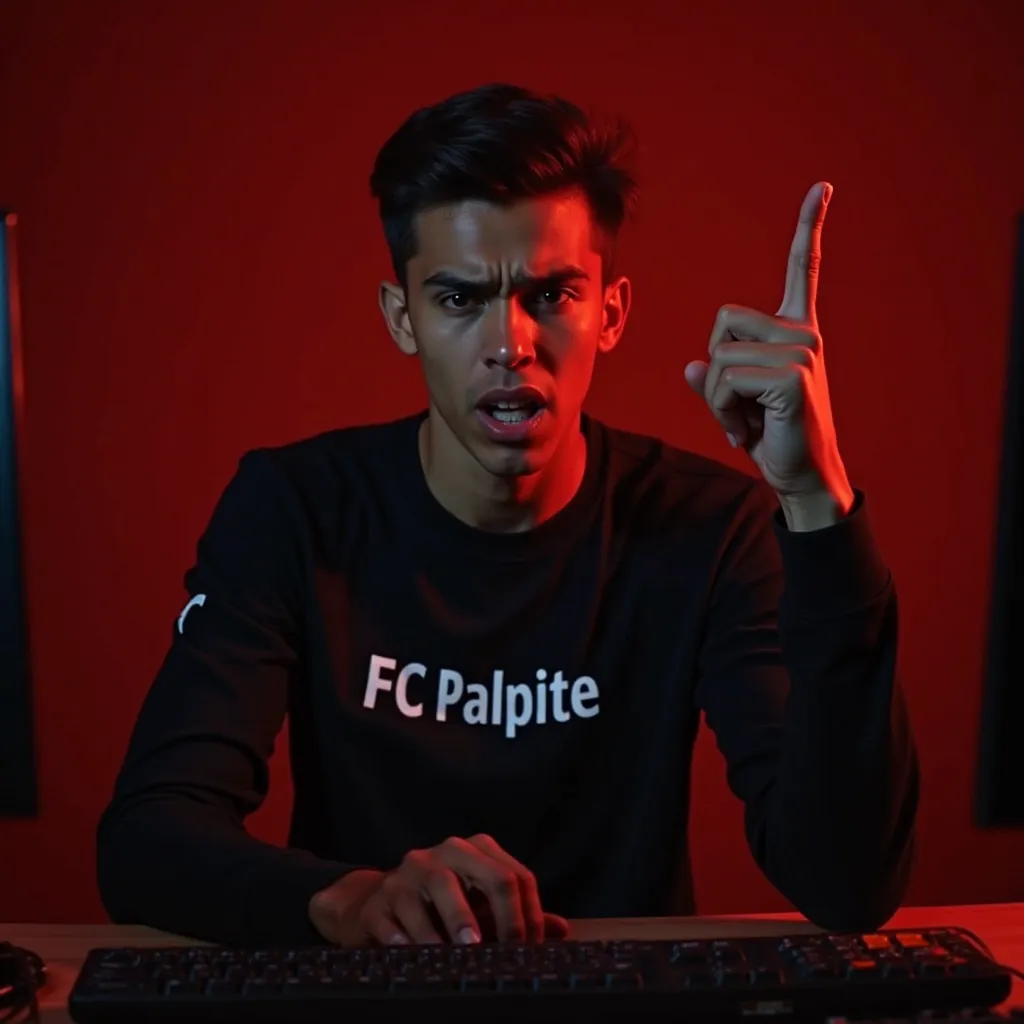 : A young light-skinned man sits directly in front of a computer, facing the viewer with an intense, angry expression. His brows are furrowed, and his mouth is slightly open as if expressing frustration. He wears a long-sleeved black shirt with "FC Palpite...