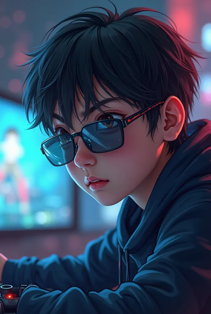 A profile picture of a boy playing anime video games like Free Fire wearing sunglasses