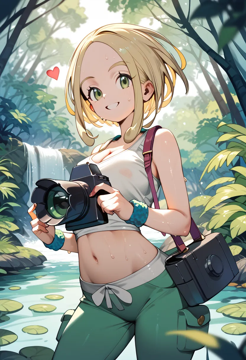 defVla, blonde hair, green eyes, parted bangs, short hair, white tank top, sleeveless, wristband, midriff, green pants, cleavage。Boobs bounce。Hold the camera。side composition。Forest Lake 。smile。Shooting with camera。Areola Under Clothes。sweat。Sticky clothes...