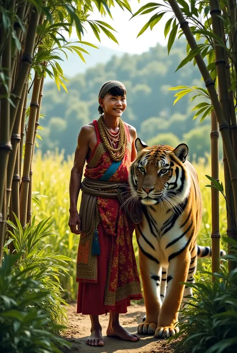 A man who wear karen traditional clothes he live in the rice with bamboo house. fire tiger