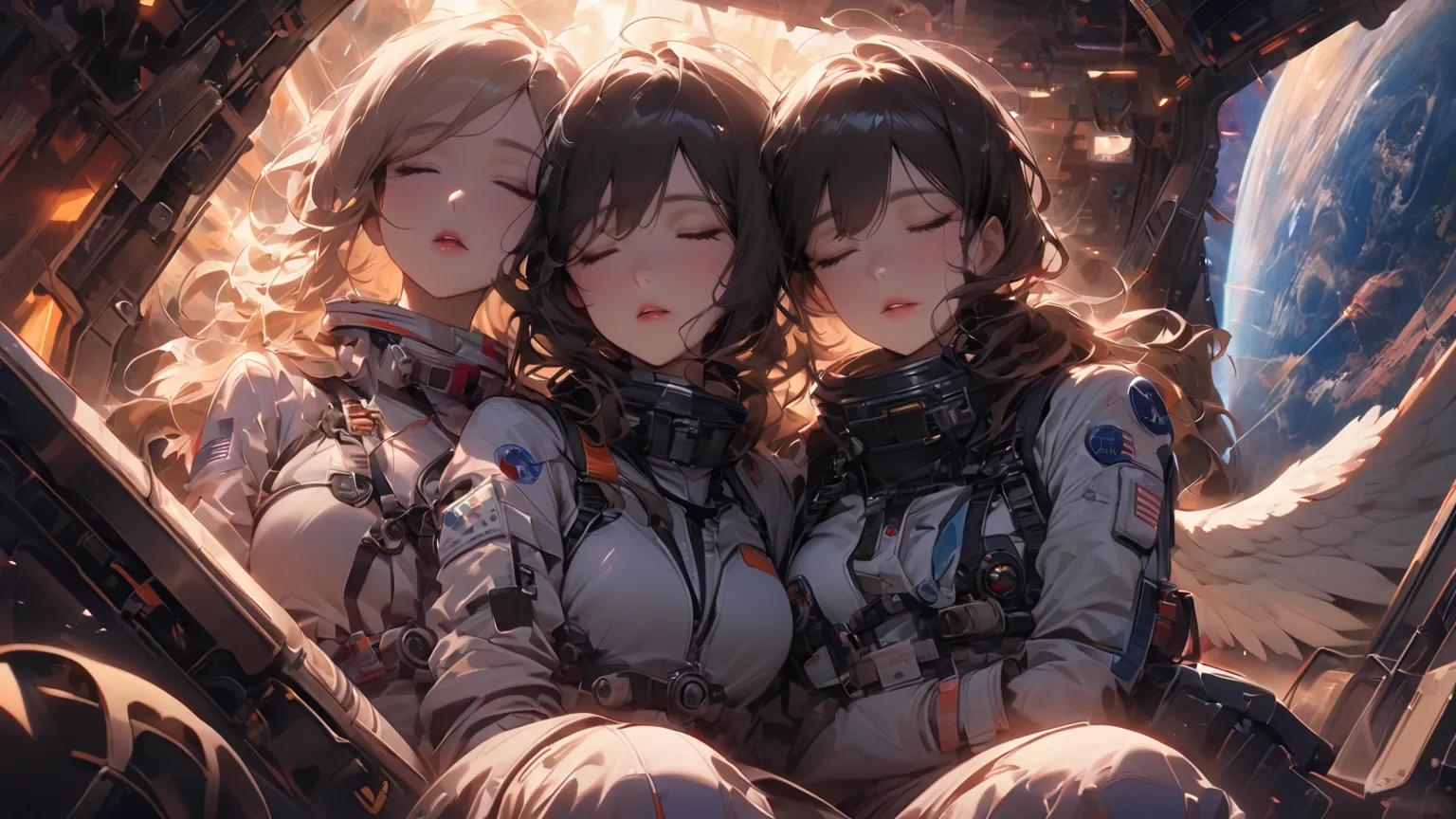 (Highest quality、high definition、masterpiece)、(SF)、 two women、(female astronaut in a spacesuit and、sleeping in the seat next to her angel girl with folded wings:1.4)、 cockpit、Canopy、two-seater patrol rocket、 Sexy and Cute 、beautiful faces、 black hair、beaut...