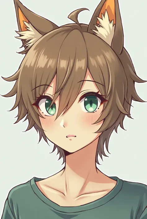 Male boy about  with butterfly bangs split in half and short wolfcut, light brown hair and the part of her neck is blond. With teal eyes and rendered drawing style without animal ears. I DON'T WANT ANIMAL EARS. normal ears 