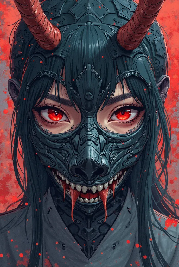 A woman wearing a oni mask on her mouth that dosent cover her eyes drawn in anime stile