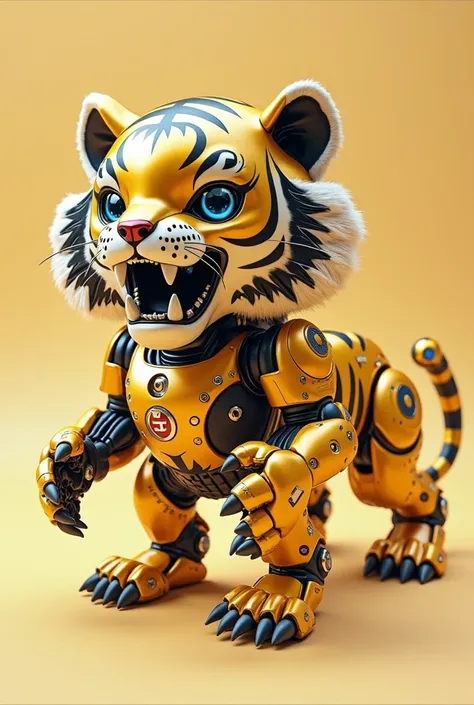 super realistic, chibi, android in the shape of a tiger, one tiger, whole tiger painted, on all fours, mouth open, fangs and teeth silver, body color yellow metallic,  3d. no background.
