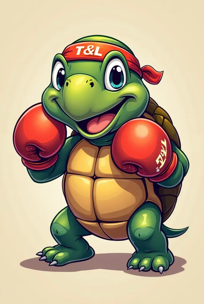 Une tortue façon cartoon avec des gants de boxe avec un logo T&L sur les gants et portant un bandeau au front avec une écriture "TheHungryTurtle" 