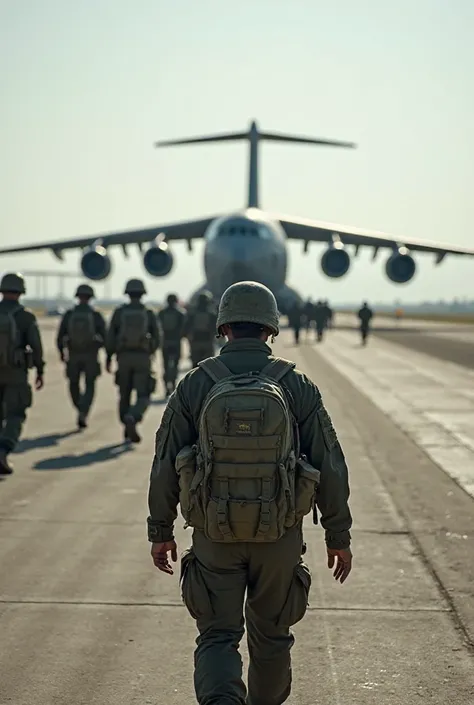 "A first-person perspective of a soldier marching toward a massive military aircraft on a vast concrete runway, fully immersed in the moment. His own arms swing slightly in the foreground, the heavy straps of his backpack pressing against his shoulders, an...