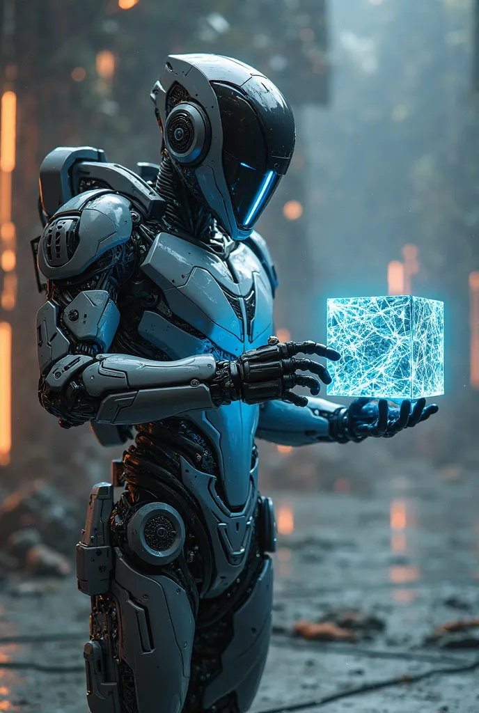 A realistic, high-definition fiber warrior standing in a futuristic setting. The warrior has a sleek design with a high-resolution black-out visor and split blue eyes that glow and gleam. He is equipped with a futuristic weapon featuring blue gleaming acce...