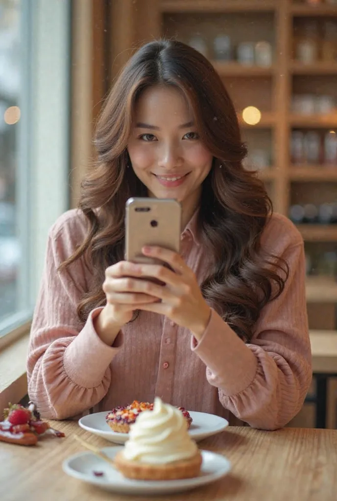 A brown long curl up to the waist、brown pupils，plump figure，Professional sweetie with round face，The scene is in the dining area by the window in the dessert shop，The action is a dessert on the table，is ready to take a promotional photo with her mobile pho...