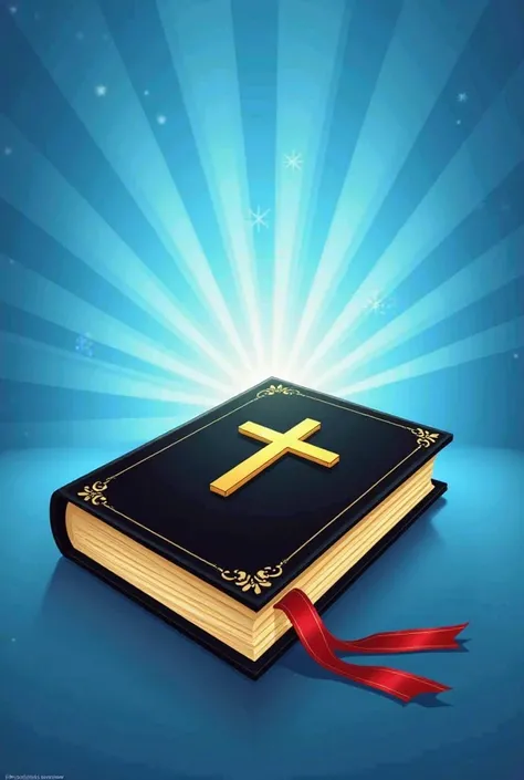  Here's a prompt based on the image :  

**"An illustration of a holy Bible with a black cover, a gold crucifix on the front and a red ribbon marker coming out of its pages. The Bible is positioned against a bright blue background with a radiant light effe...