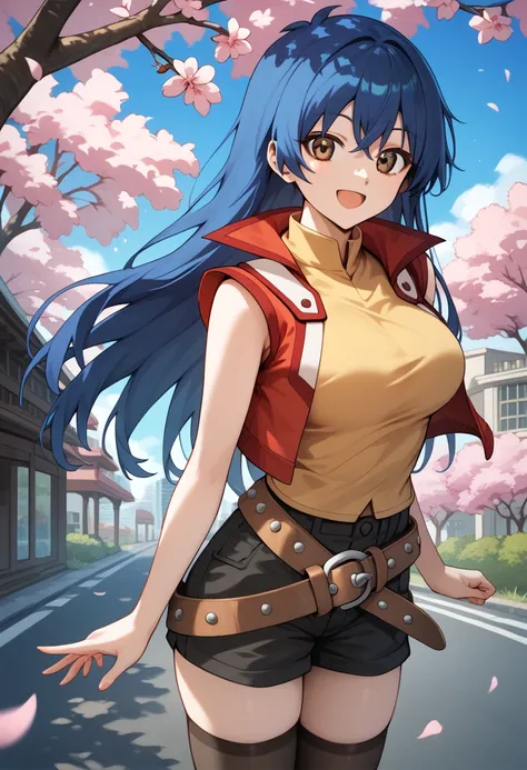  long hair,  blue hair,  brown eyes, Big Breasts ,  Girl Turned to Stone by Magic  ,  outdoor,  open mouth, cherry blossoms, smile, city, road, colored shirt ,  yellow shirt,  red jacket,  sleeveless, belt,  black shorts, black thighhighs,   